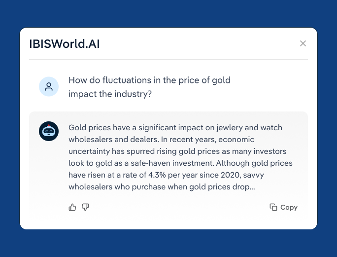 Screenshot of IBISWorld's Phil AI product with using asking 'how do fluctuations in the price of gold impact the industry?'