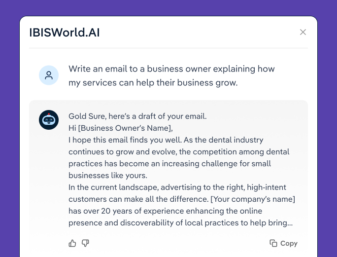 Screenshot of IBISWorld's Phil AI product with a user asking for an answer to be generated in a specific format