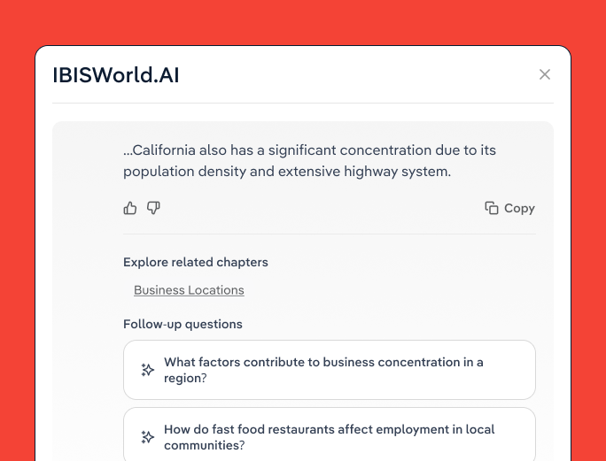 Screenshot of IBISWorld's Phil AI product with follow up prompts that enhance the user experience
